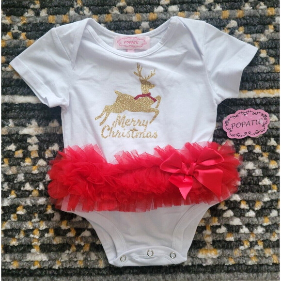 Popatu Baby Girl's 18 Months Christmas Reindeer Bow Holiday Bodysuit White/Red - Picture 1 of 9